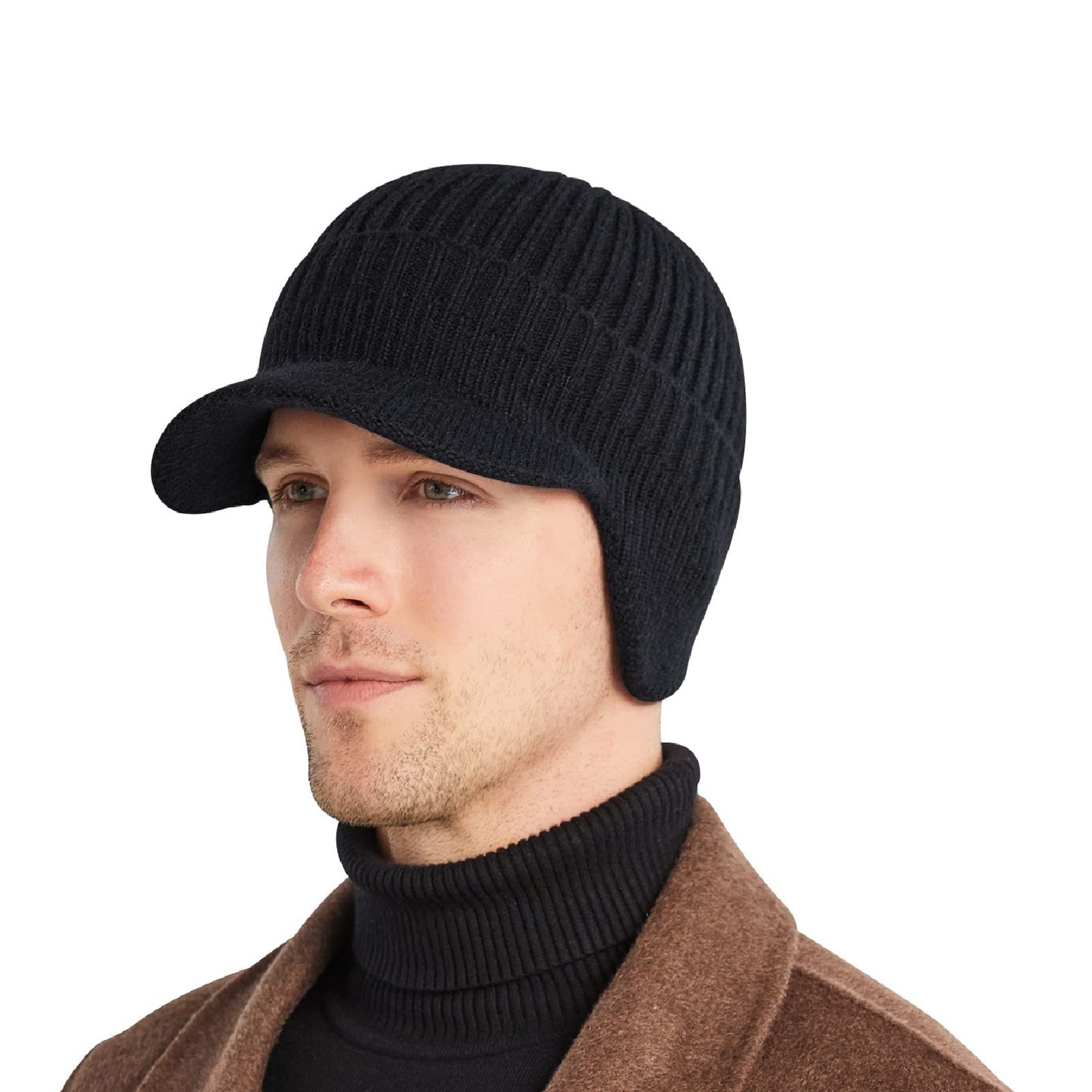 AkiiGer Men's Winter Hat Beanie with Brim, Warm Earflaps Hat for Men, Thick Fleece Lined Knit Beanie Outdoor(Black)