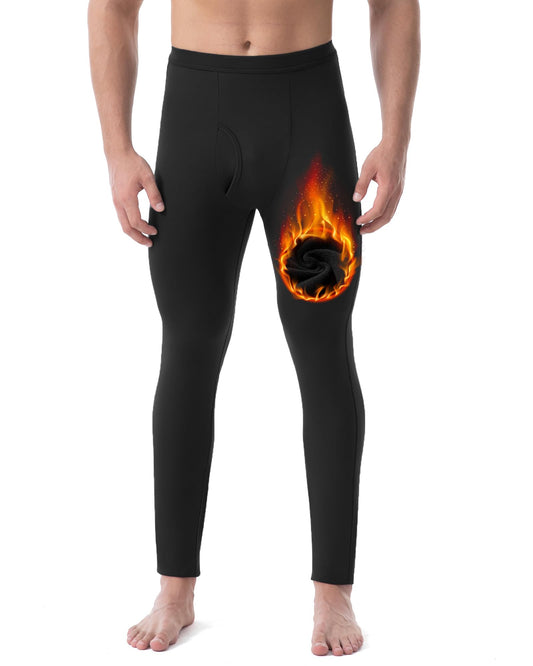 Runhit Long Johns for Men Thermal Pants with Fly Long Thermal Underwear Winter Cold Weather Fleece Thermal Bottoms, Black, Large