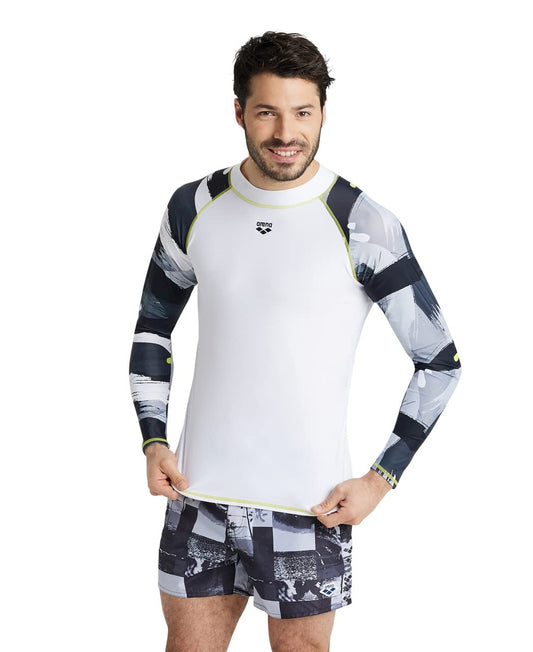 ARENA Men's Standard UV Protection Long Sleeve Shirt Rash Allover, White-Gray Multi