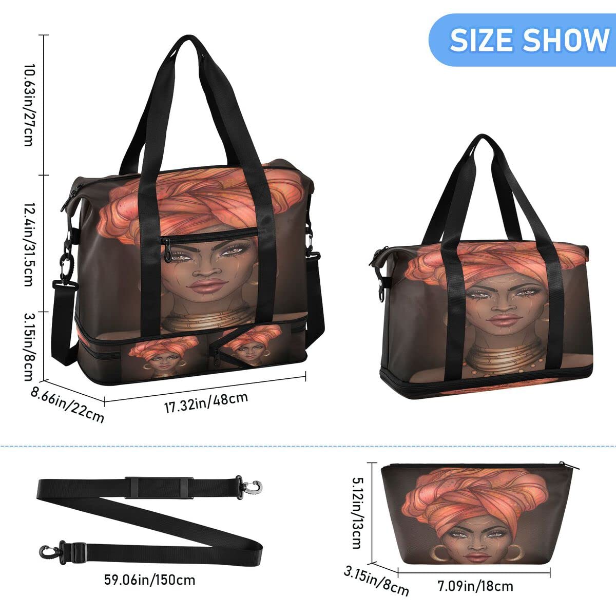 Gym Bag Sports Travel Duffel Bag Weekender Overnight Bag with Wet Pocket Shoes Compartment and Toiletry Bag African American Woman for Travel, Business,Gym, Yoga