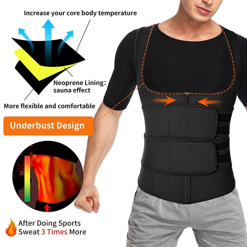 SHAPERIN Men Neoprene Waist Trainer Open Bust Sweat Suana Suit Body Shaper Tank Top with 2 Belts Black S