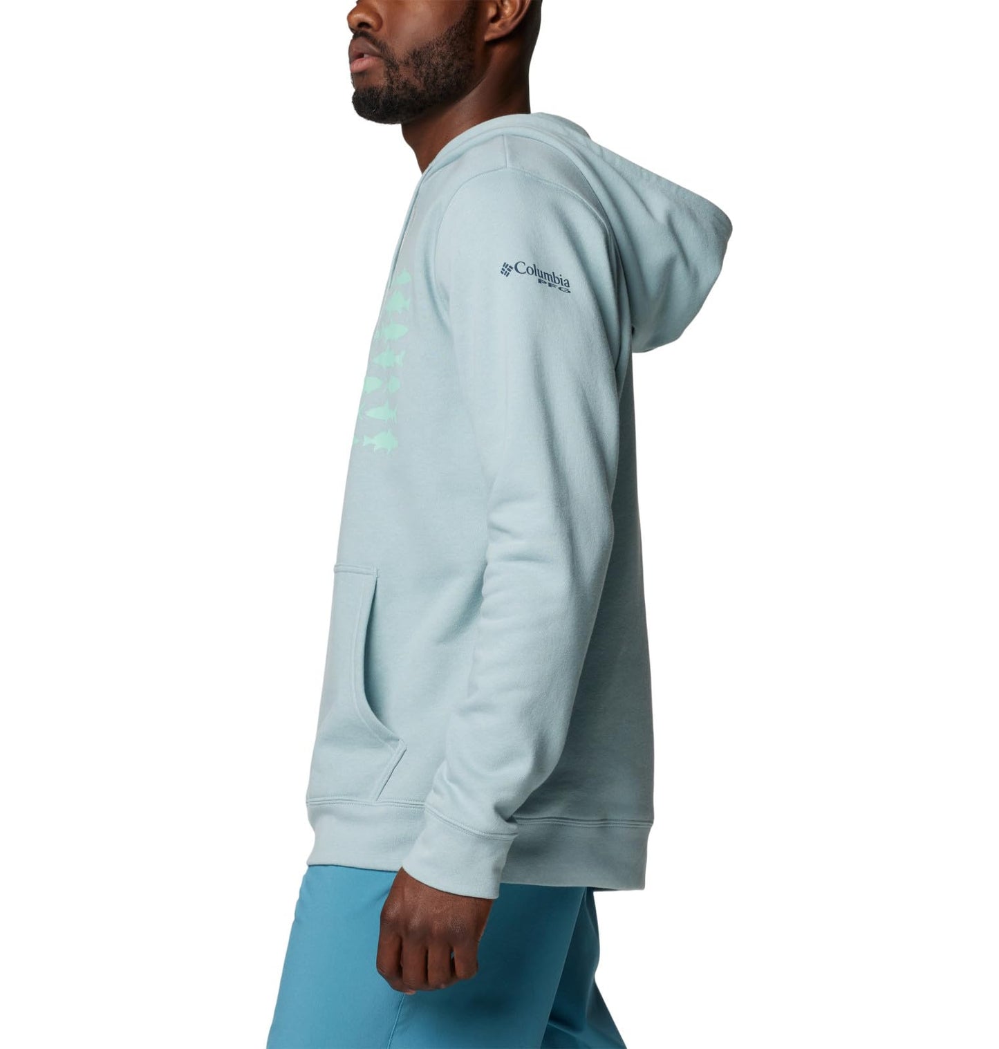 Columbia Men's PFG Fish Flag II Hoodie, Crushed Blue/Mint Cay Inshore Slam, Large