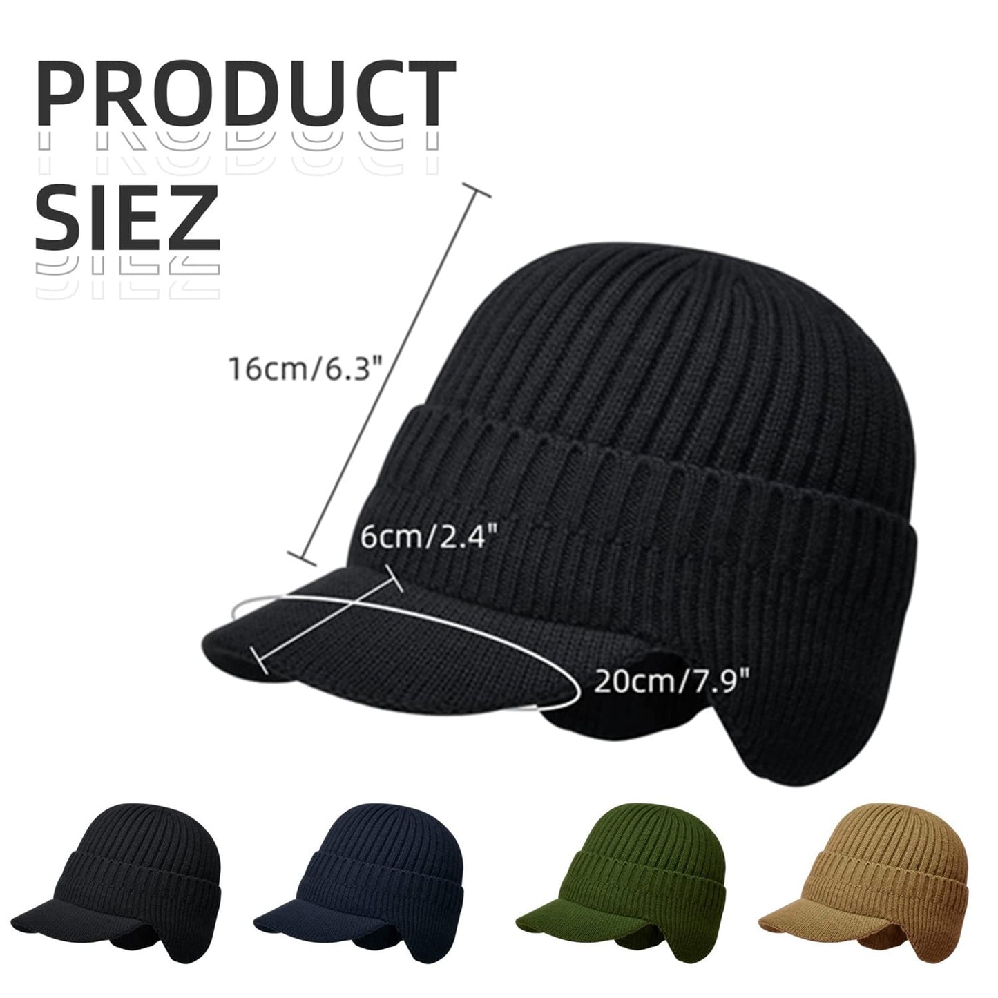 AkiiGer Men's Winter Hat Beanie with Brim, Warm Earflaps Hat for Men, Thick Fleece Lined Knit Beanie Outdoor(Black)