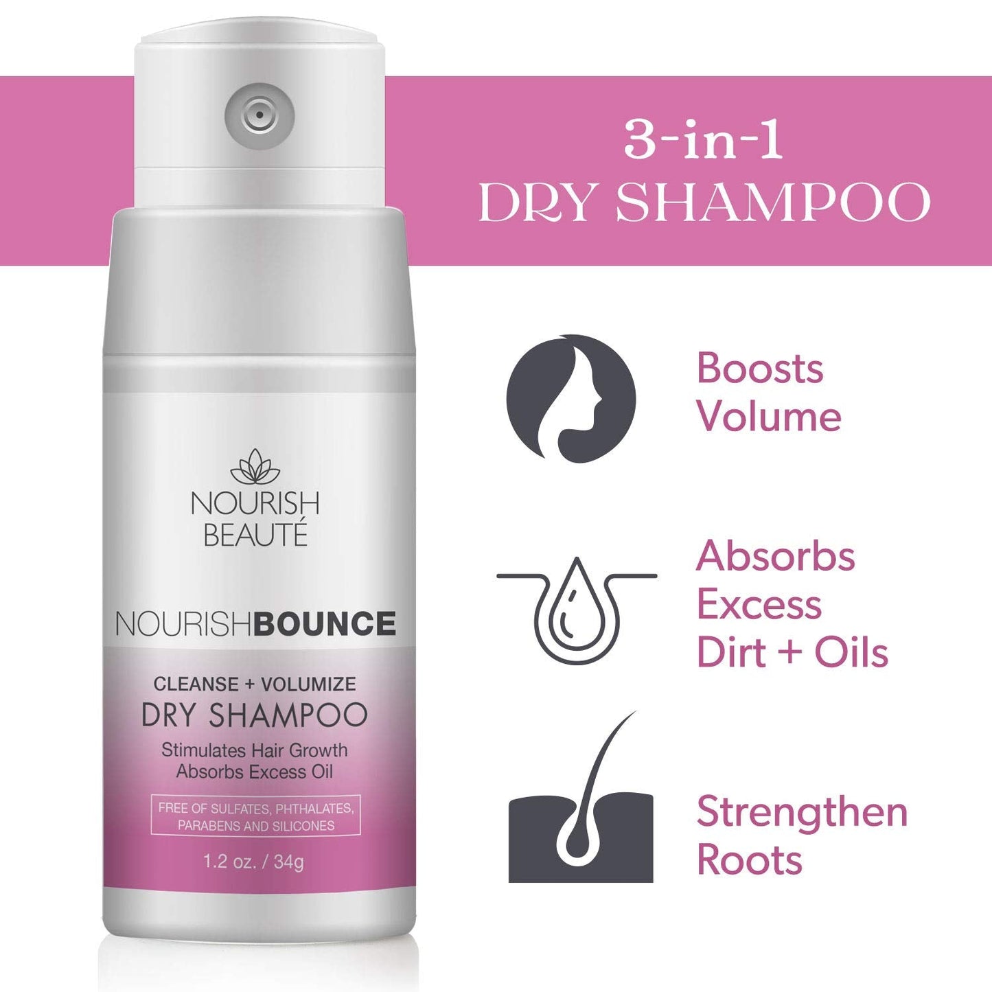 Nourish Beaute Dry Shampoo for Hair Loss that Promotes Hair Regrowth, Volume and Thickening, Clean Beauty with Rice Starch, Antioxidants, and Extracts, For Men and Women, 1 1.2oz Bottle, White