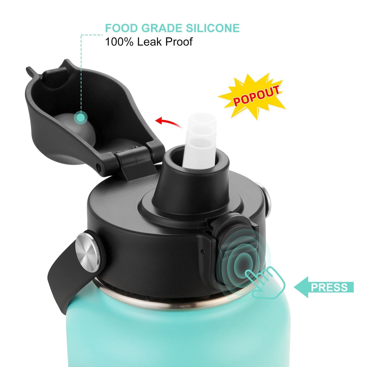 EIPOSAU Auto Flip Lid with Removable Straw, Replacement Lid with Dust Cover, Fits Most Wide Mouth Sports Water Bottle