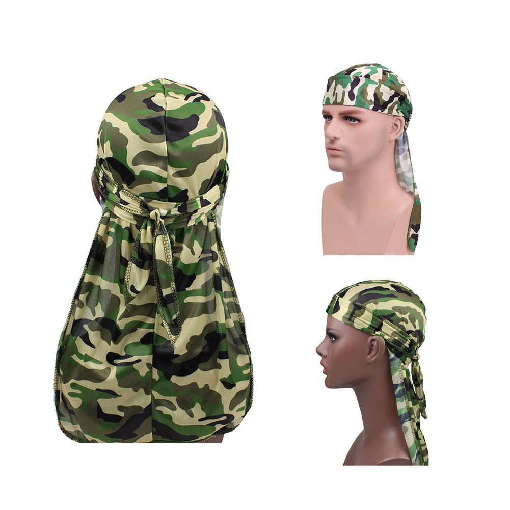 Military Camouflage Premium Silky Durags with Long Tail Colorful 360 Waves Doo rag for Men Du rag Cap (3/4 Packed), Set1-silky-3 Packed, Medium