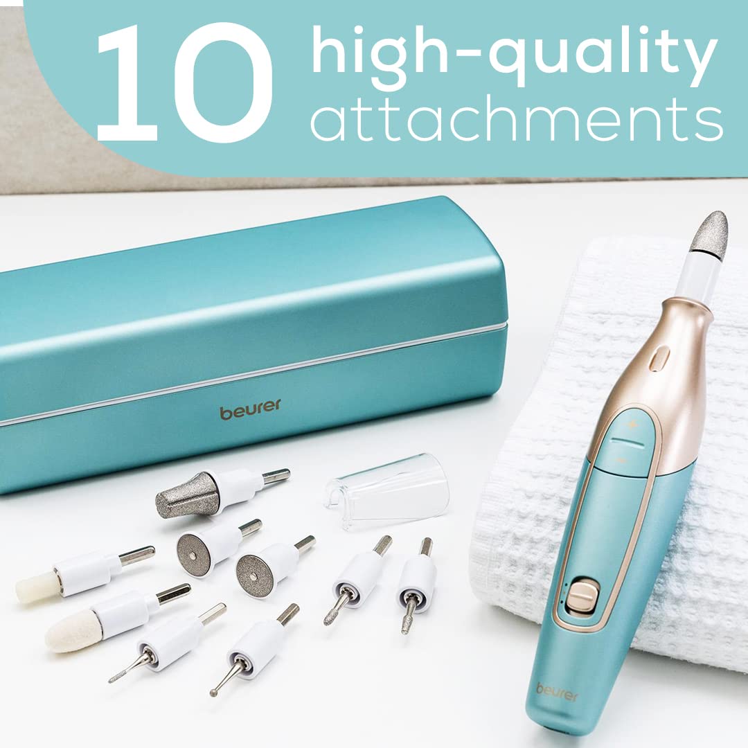 Beurer MP84 Professional Manicure & Pedicure Nail Drill Kit, 14-Piece Cordless Electric Nail File with 10 Attachments, LED Light, Adjustable Speed, Charging Storage Case