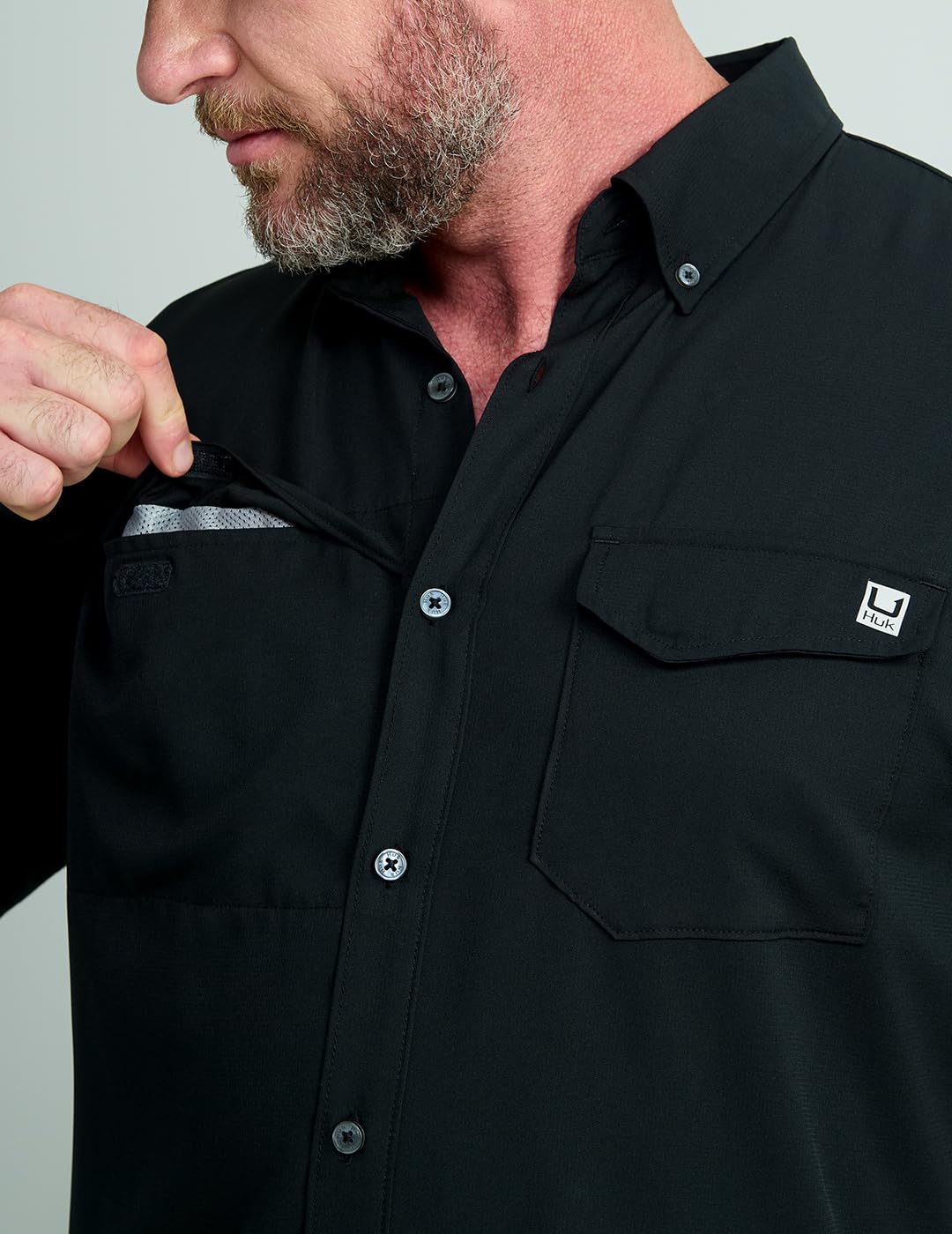 HUK Standard Tide Point Solid Short Sleeve Shirt, Button Down for Men, Black, X-Large