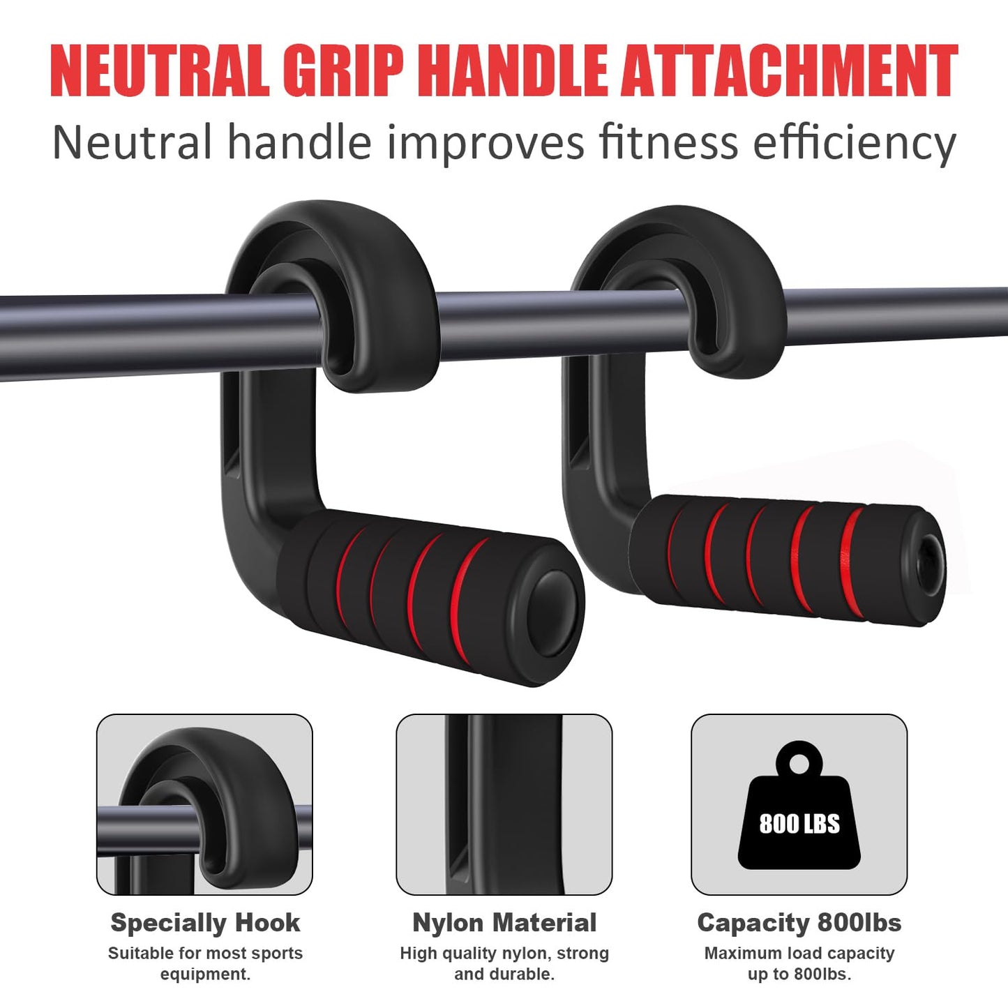 Neutral Grip Handle Attachment, Grip Handle Attachments for Pull-up Bars, Resistance Bands, Barbells, Fitness Equipment, Gym Equipment - Red