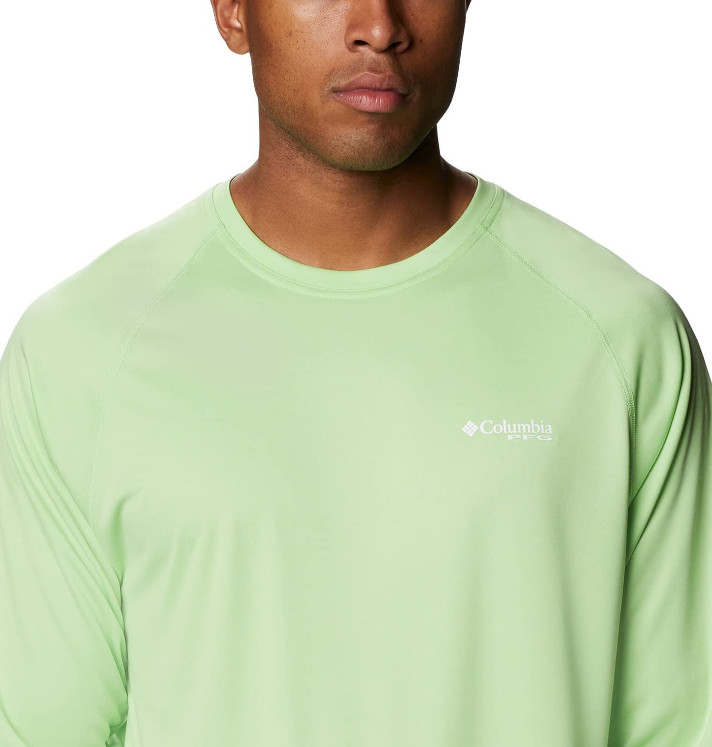 Columbia Men’s PFG Terminal Tackle Heather Long Sleeve Shirt, Sun Protection, Lime Glow Heather/White Logo, Small