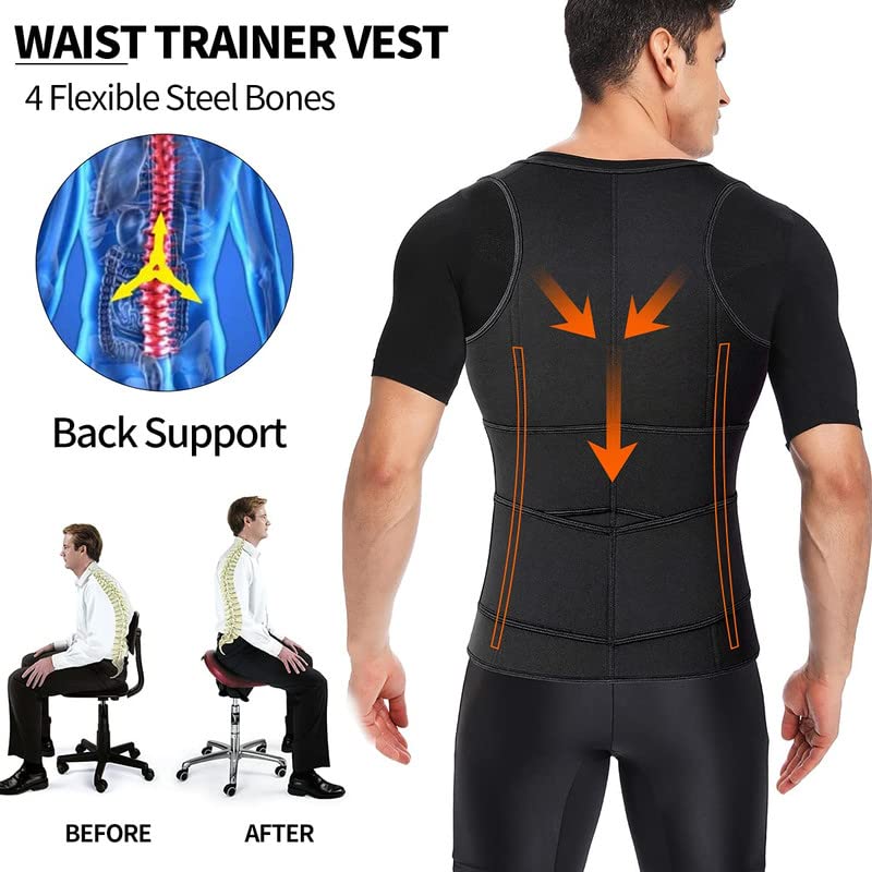 SHAPERIN Men Neoprene Waist Trainer Open Bust Sweat Suana Suit Body Shaper Tank Top with 2 Belts Black S