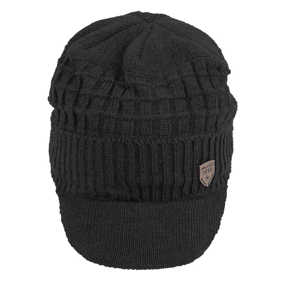 Original One mens Winter Wool Knitted Chunky Visor Beanie Hat with Brim Fur Lined Peaked Ski Cap (Black)