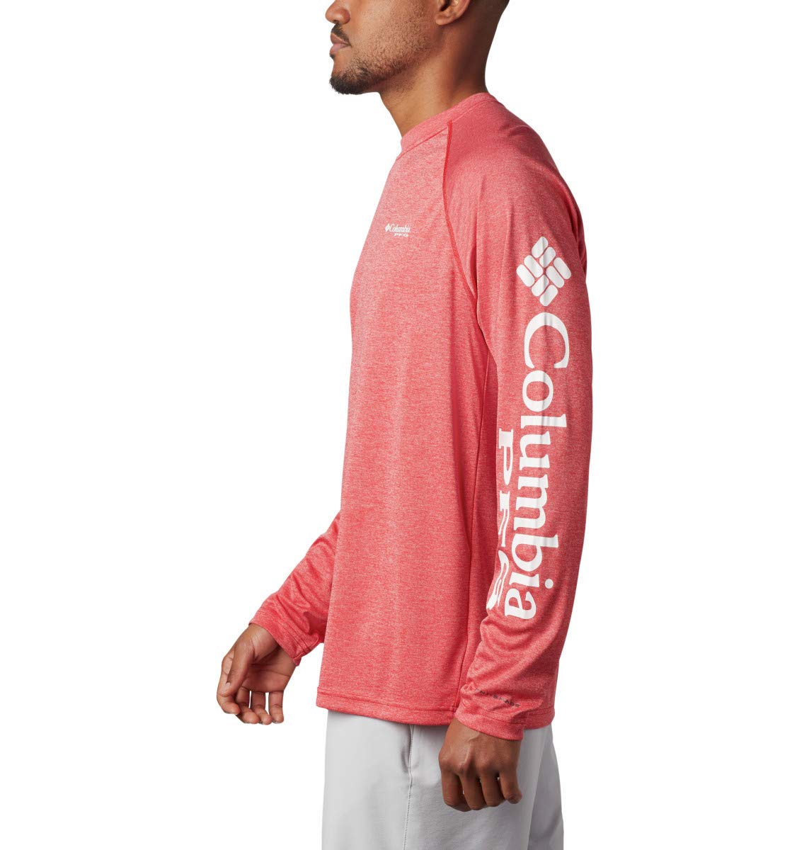 Columbia Men's Terminal Tackle Heather Long Sleeve Shirt, Red Spark Heather/White Logo, X-Large