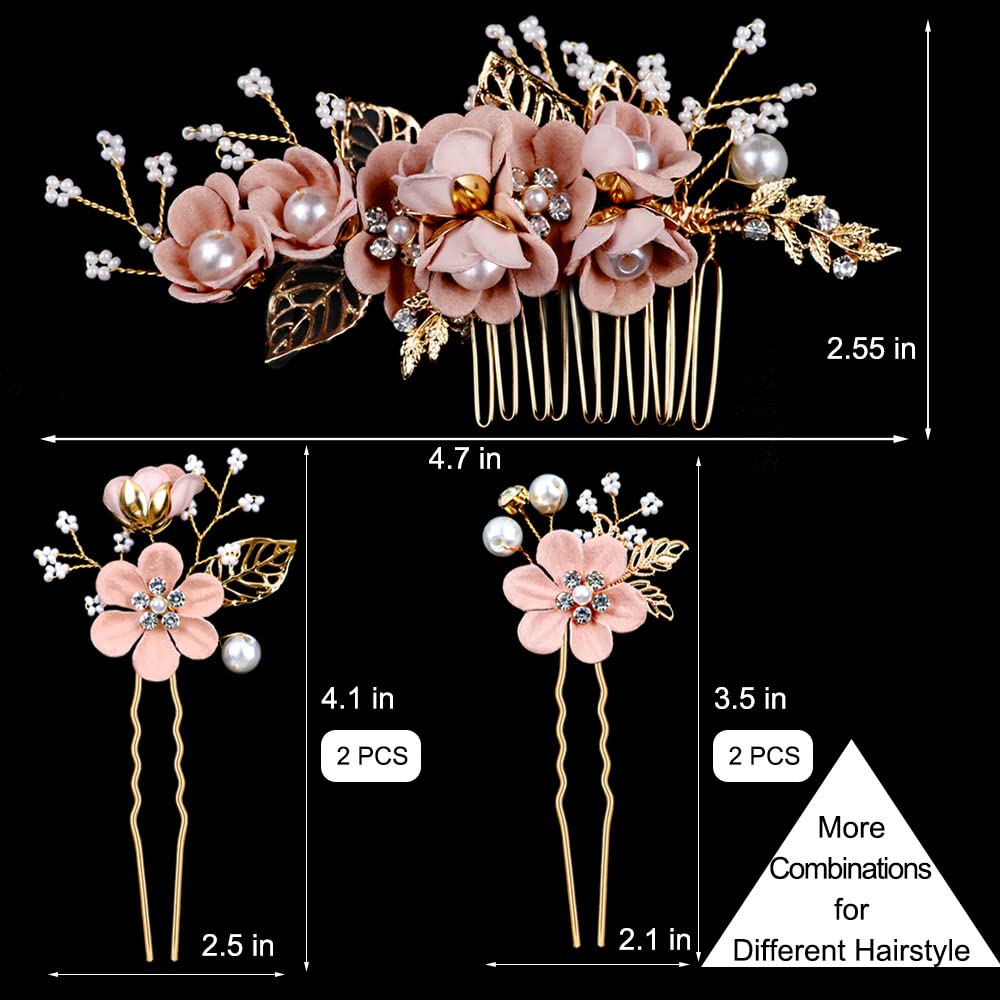 5 Pieces Bridal Flower Wedding Hair Pins Crystal Pearl Hair Combs Clips Headpiece Gold Wedding Hair Accessories Jewelry with Rhinestone for Brides Bridesmaids Women Girls Updo (Cherry Blossoms Pink)