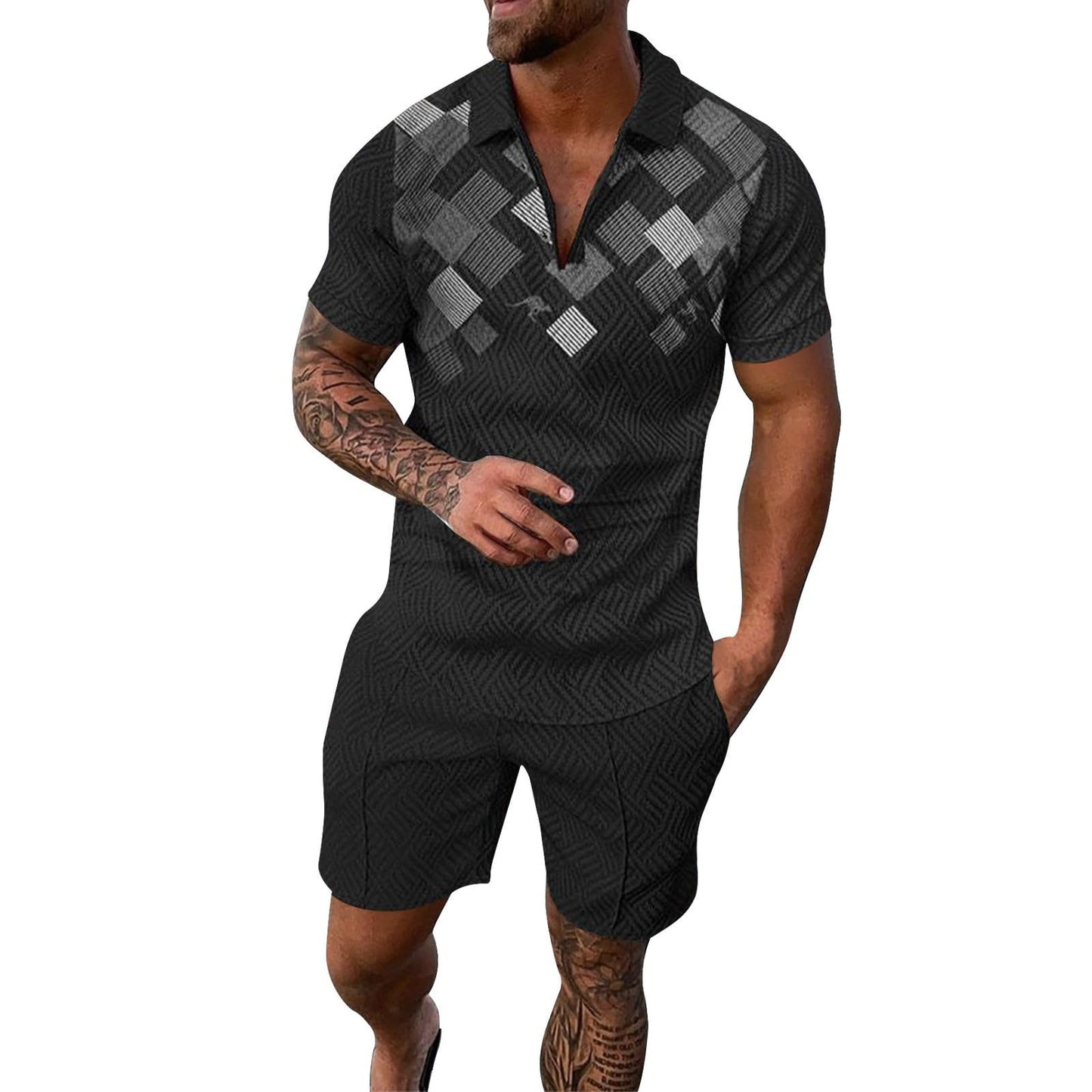 Generic Mens Hawaiian 2 Piece Outfits Summer Beach Tracksuit Casual Matching Polo Shirt Short Sleeve and Shorts Sets, X-Large, #D09-black