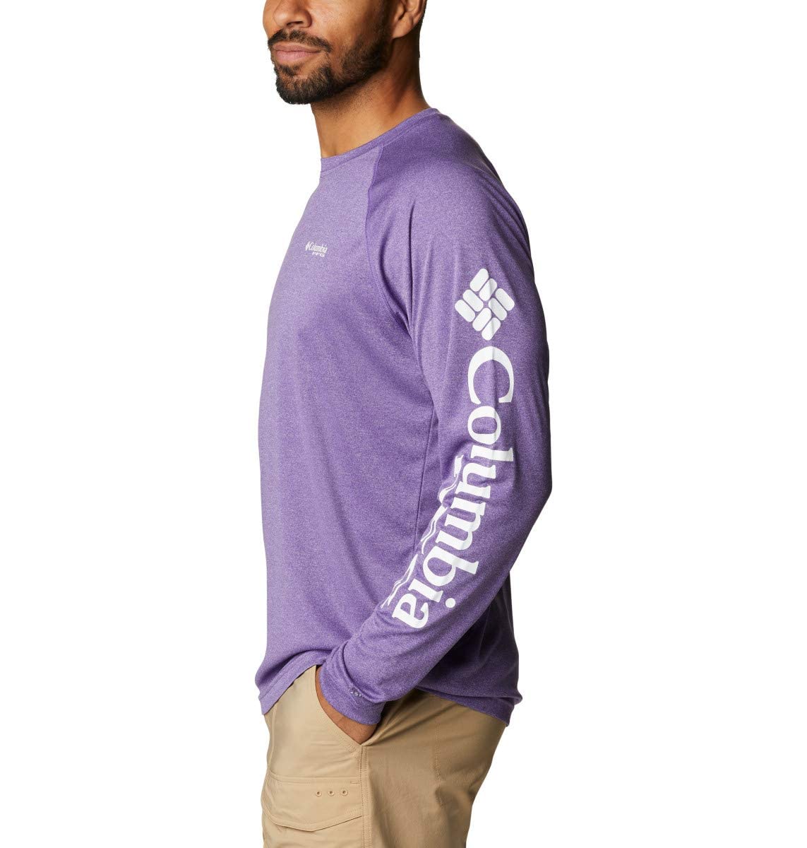 Columbia Men’s PFG Terminal Tackle Heather Long Sleeve Shirt, Sun Protection, Lime Glow Heather/White Logo, Small