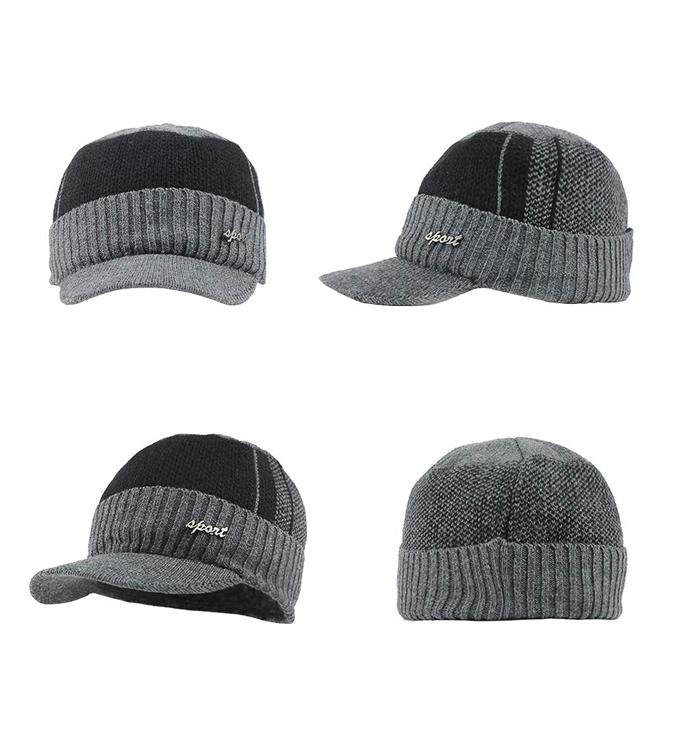 YOYEAH Men's Outdoor Newsboy Hat Winter Warm Thick Knit Beanie Cap Fleece Lined Skull Ski Cap with Visor Gray