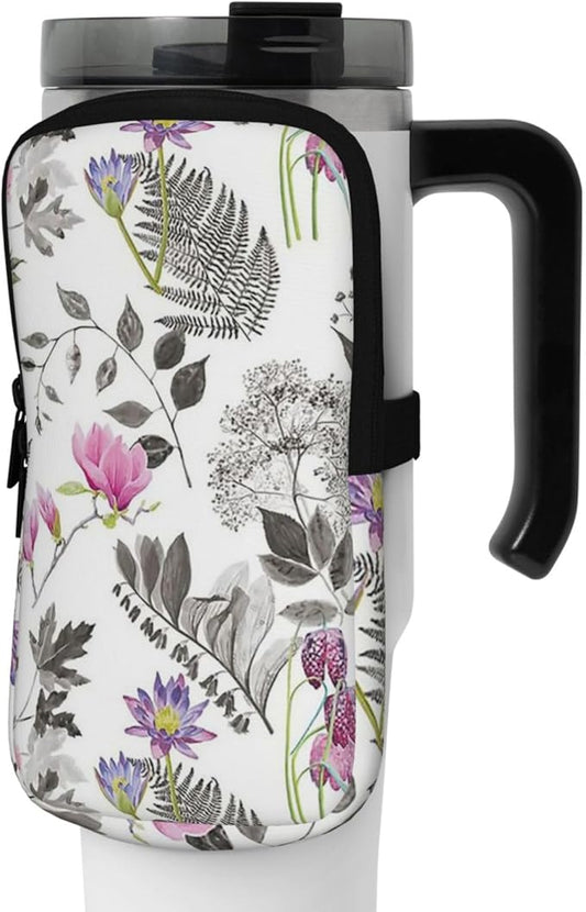 Water Bottle Pouch for Stanley Cup 40oz 30oz,Personalized Gym Purse for Men Women, Tumbler Pouch with Versatile Pocket Water Bottle Bag for Cards, Keys, Phone Botanical Leaf