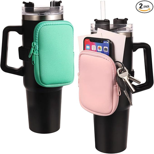 2pcs Water Bottle Pouch for Stanley, Zipper Pouch for Stanley Cup Adjustable Gym Bottle Pouch Pink & Green Multifunctional Water Bottle Pouch for Tumblers Quencher Adventure 40oz&IceFlow 20oz 30oz