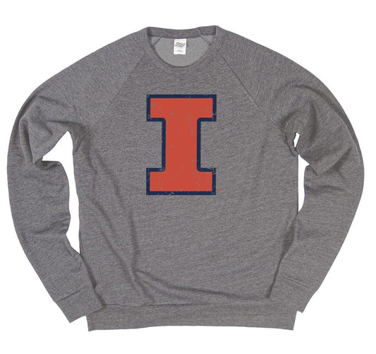 Blue 84 Men's Illinois Illini Tri-Blend Crewneck Sweatshirt Vintage Icon Heather Grey, Grey, X-Large
