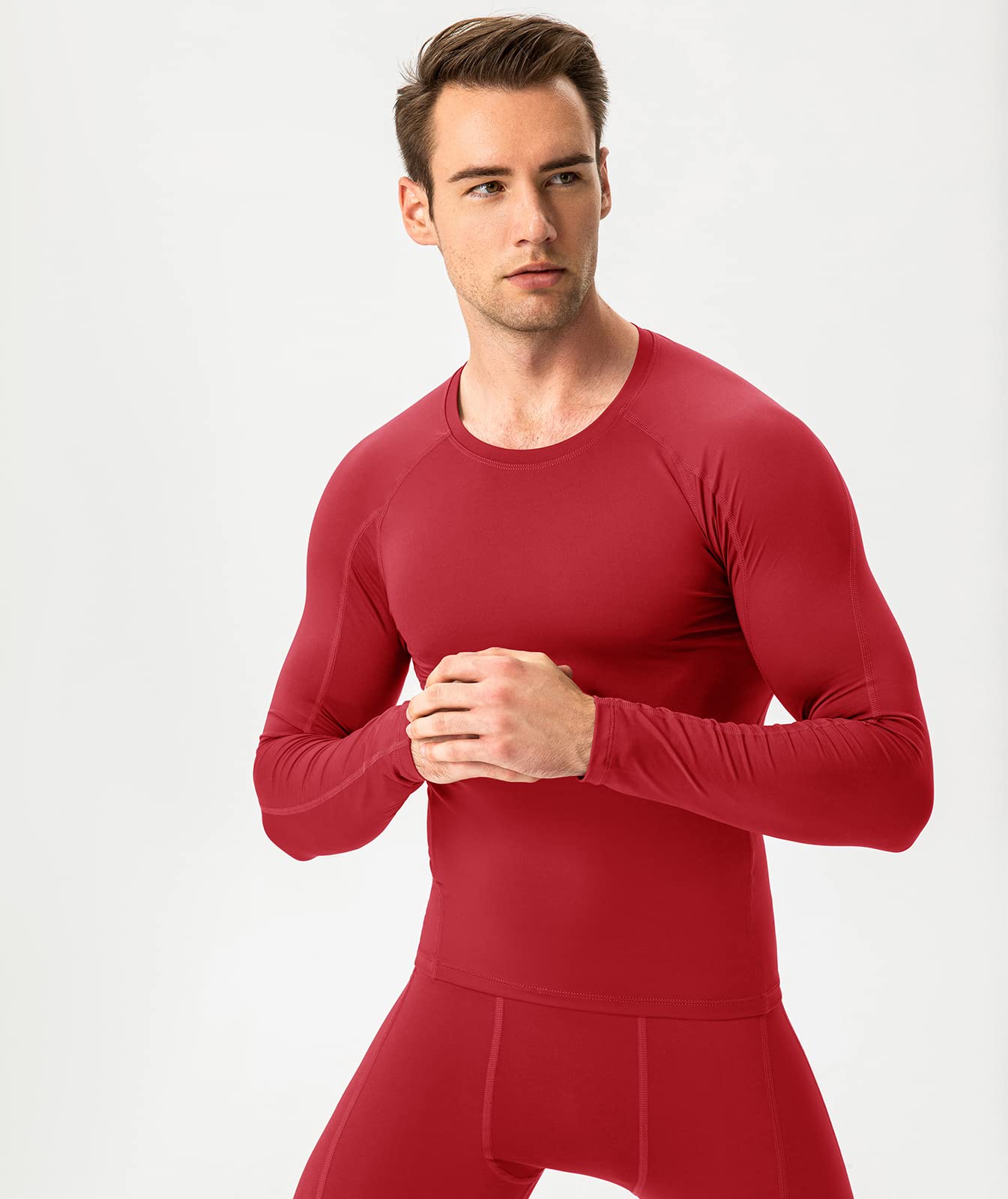 Red Men's Compression Shirts Long Sleeve, Dry Fit Athletic Workout Gym Shirts Sports Base Layer Top Running T-Shirt