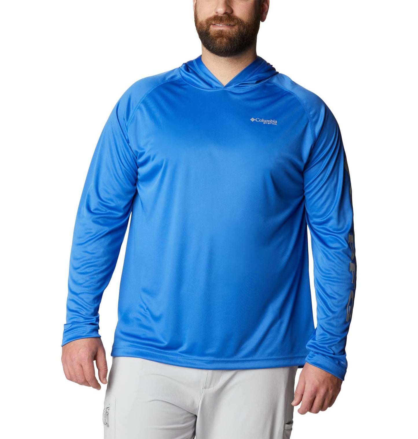 Columbia Mens PFG Terminal Tackle Long Sleeve Fishing Hoodie, Vivid Blue/Cool Grey Logo, 1X