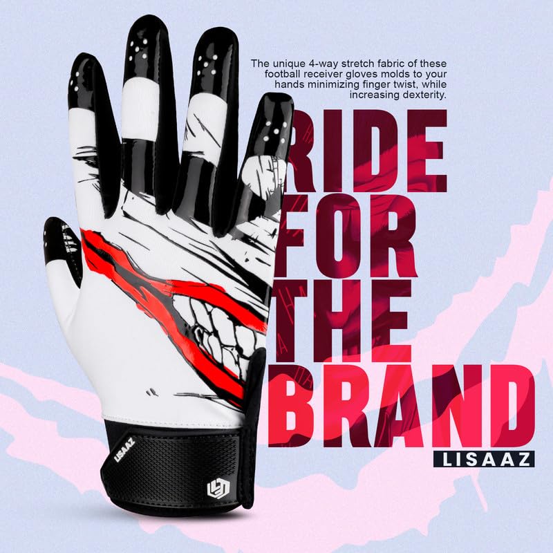 LISAAZ Ball Feel Sensation Football Gloves - Tacky Grip for Youth and Adult, Top Notch Receiver Gloves for Men and Kids 8-12