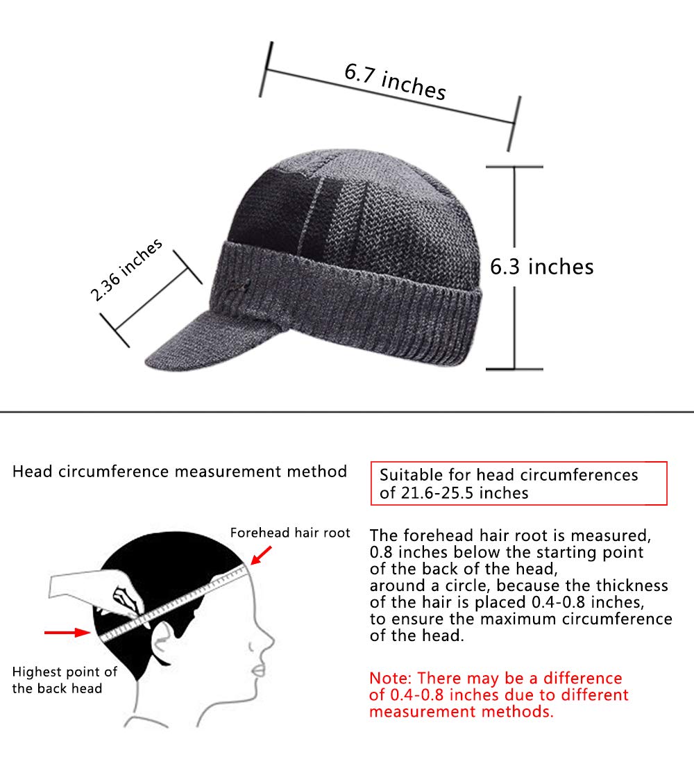YOYEAH Men's Outdoor Newsboy Hat Winter Warm Thick Knit Beanie Cap Fleece Lined Skull Ski Cap with Visor Gray