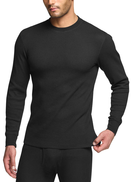 CQR Men's Long Sleeve Thermal Underwear Tops, Midweight Waffle Crewneck Shirt, Winter Cold Weather Thermal Shirts, 1 Piece of Top Black, Large