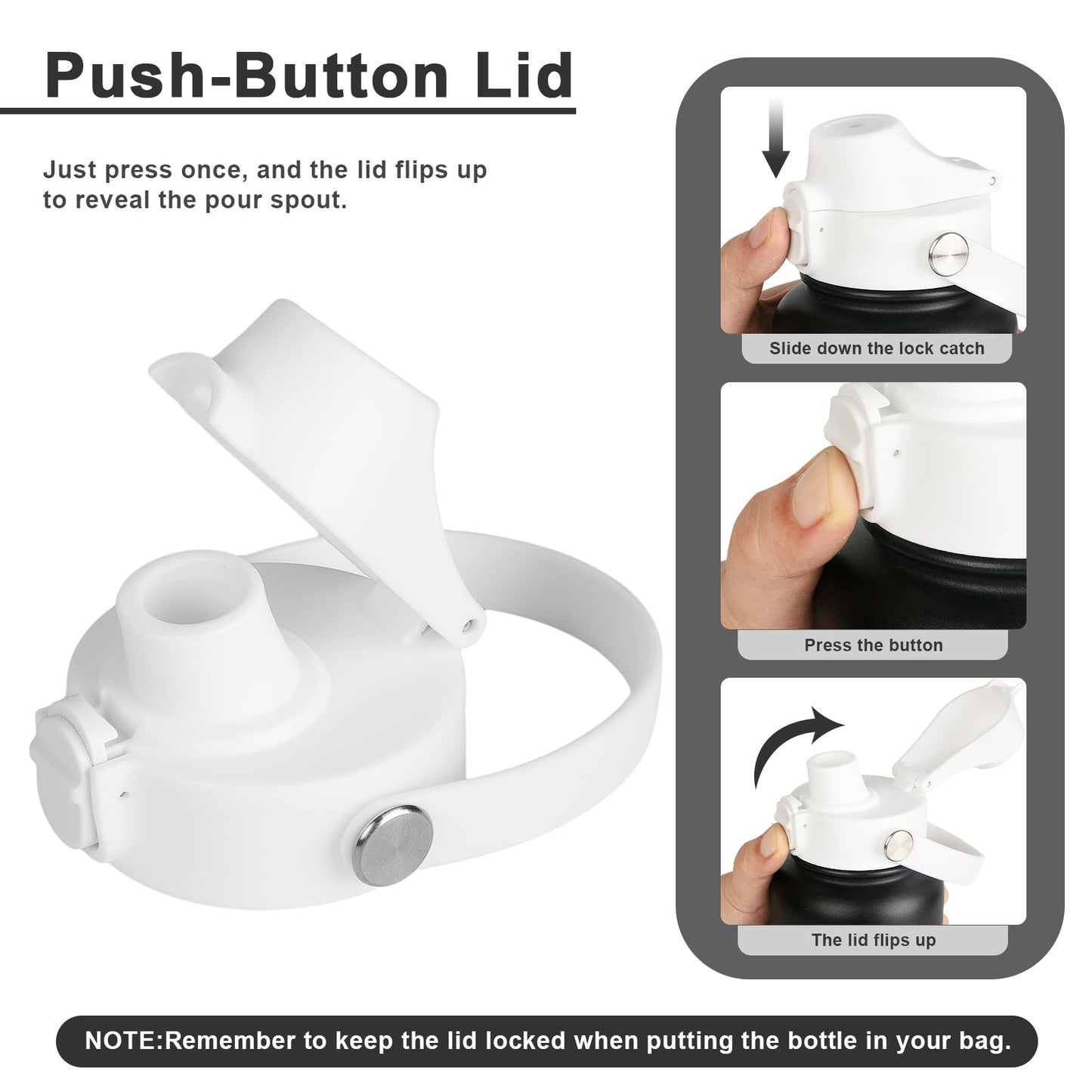 EIPOSAU Auto Flip Lid for Hydro Flask Wide Mouth, Great Spout Lid for Simple Modern, Fits for Iron Flask and Other Brands, Replacement Lid with Button Lock, White