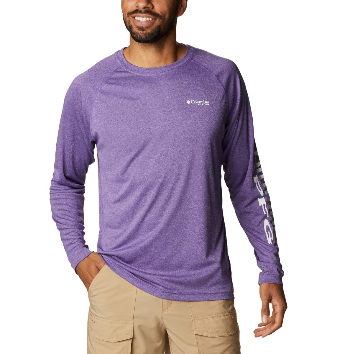 Columbia Men’s PFG Terminal Tackle Heather Long Sleeve Shirt, Sun Protection, Lime Glow Heather/White Logo, Small