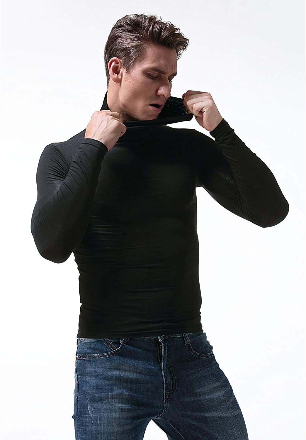 SALNIER Men Basic Turtleneck Slim Fit Long Sleeve Pullover Top Solid Thermal Knitted T-Shirt Sweaters Soft Lightweight Shirt (Black, L)