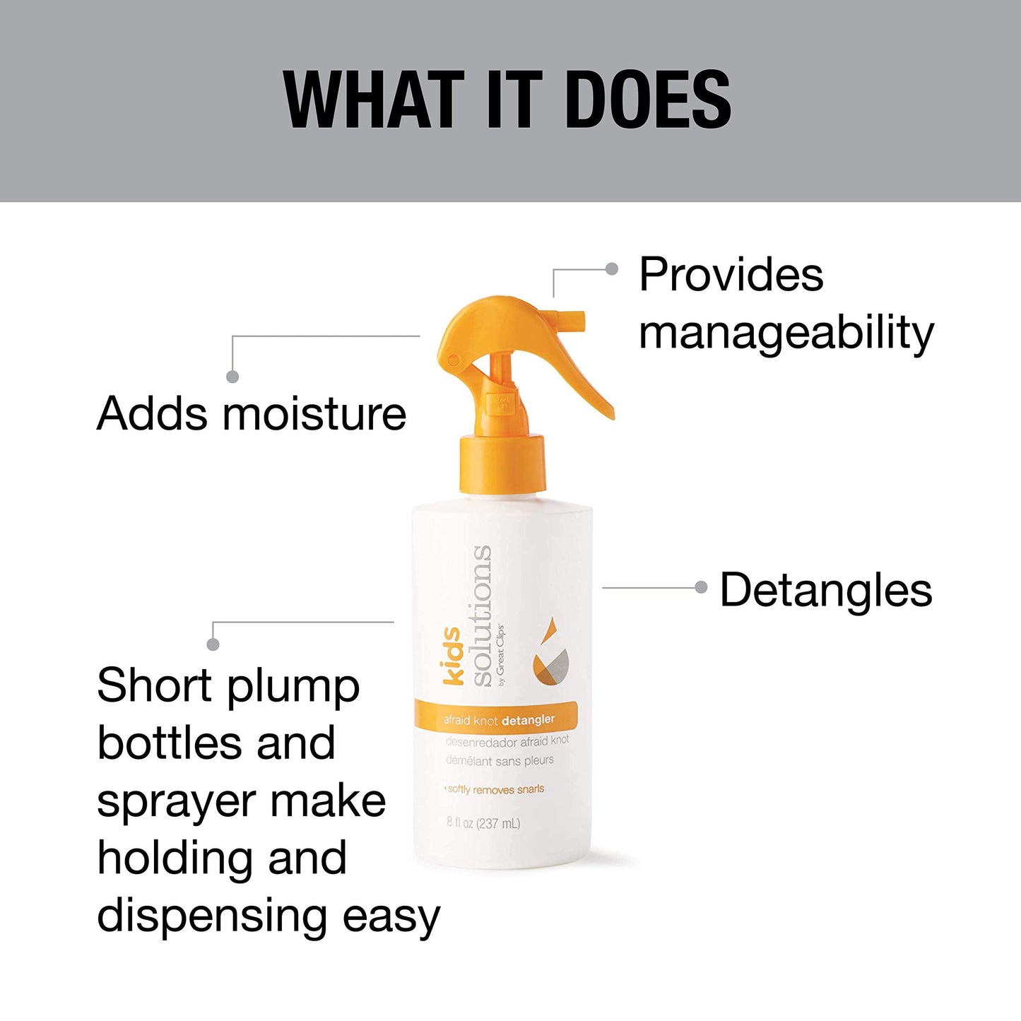 GREAT CLIPS Solutions Kid's Afraid Knot Detangler, 8oz | Light Detangling Spray for Children | Protects & Moisturizes Hair | Recommended for Ages 4-10