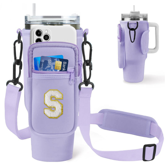 Aganmi Mom Birthday Gifts Initial Water Bottle Carrier Bag with Phone Pocket for Stanley Cup 40 Oz Accessories Water Bottle Holder with Strap Mothers Day Thank You Gift for Women Mom Grandma Purple S