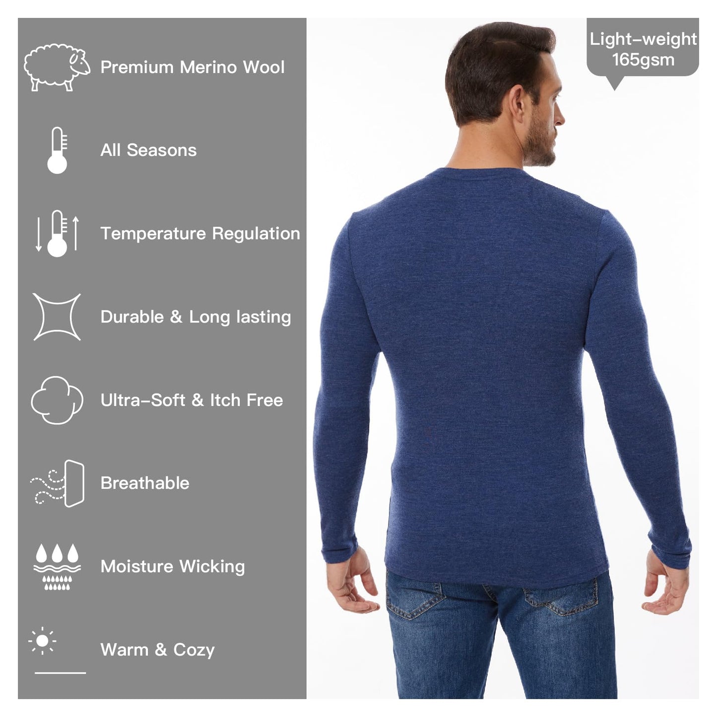 MERINNOVATION Merino Wool Base Layer-Mens 100% Merino Wool Long Sleeve Thermal Shirts for Hiking Hunting,lite,Midweight+Wool Accessory Included, Indigo Blue 165 L