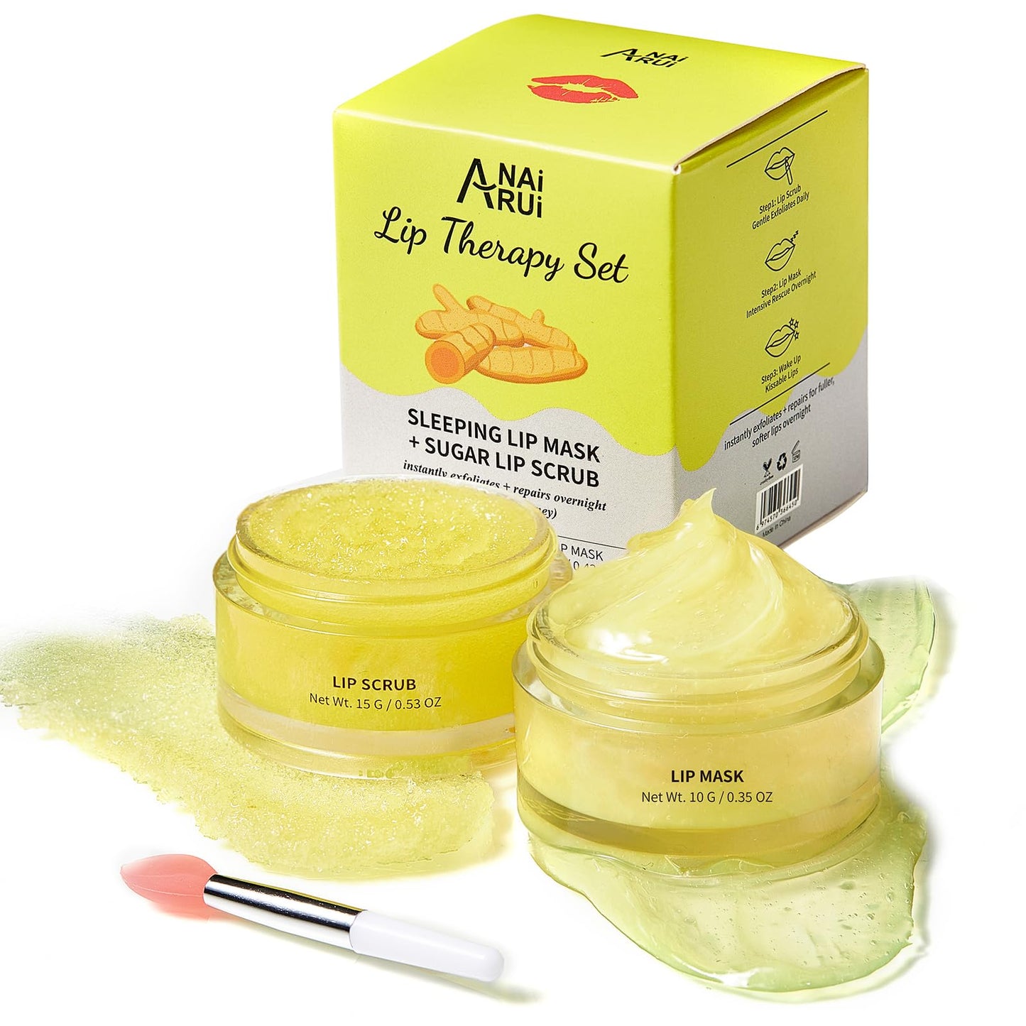 ANAI RUI Lip Care Kit - Sugar Scrub Set, Sleeping Mask & Exfoliator - Overnight Skin Treatment - Scrub & Moisturizer for Dry Chapped Cracked Peel Lips (Turmeric+Honey)