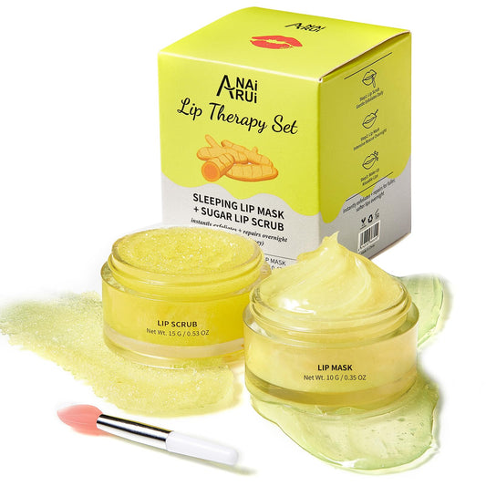 ANAI RUI Lip Care Kit - Sugar Scrub Set, Sleeping Mask & Exfoliator - Overnight Skin Treatment - Scrub & Moisturizer for Dry Chapped Cracked Peel Lips (Turmeric+Honey)