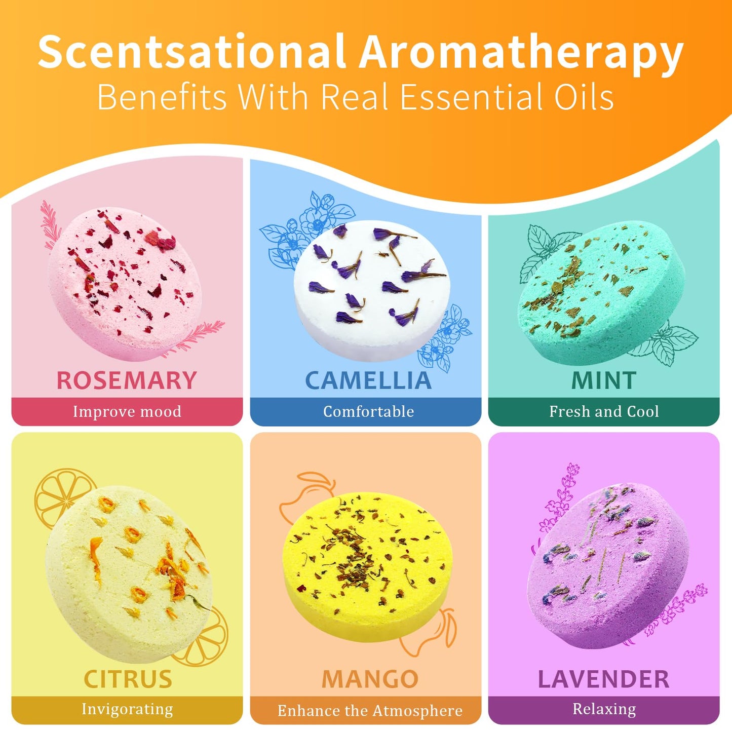 MR MIRYE Shower Steamers Aromatherapy, 6 Pack Shower Steamers Birthday Gifts for Women, Lavender, Mint, Citrus, Mango, Camellia, Rosemary, Aromatherapy Shower Steamer & Shower Bombs