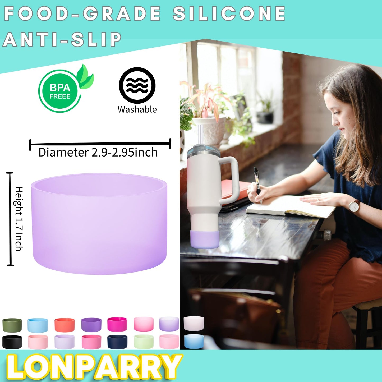 LONPARRY 2-Pack Stanley Cup Silicone Boot for Stanley Tumbler IceFlow 40oz Rubber Bottom Sleeve Protector for Stanley Owala Hydro Flask Tumbler 40oz Car Travel Cup Bottle Bottom (Fog+Clear Purple)