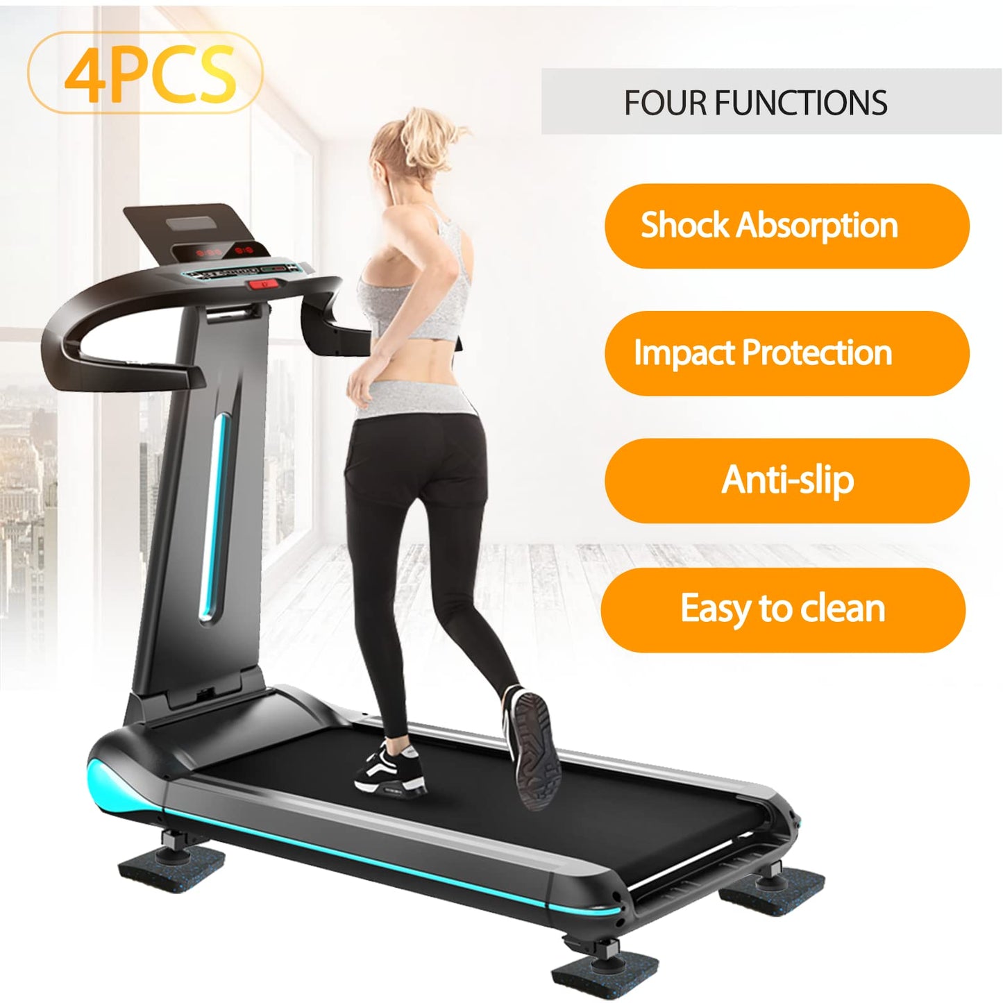 Treadmill Mat Pads, Exercise Equipment Mat with High Density Rubber for Protect Floors 3.94" x 3.94" x 0.5" (4 PCS) Black