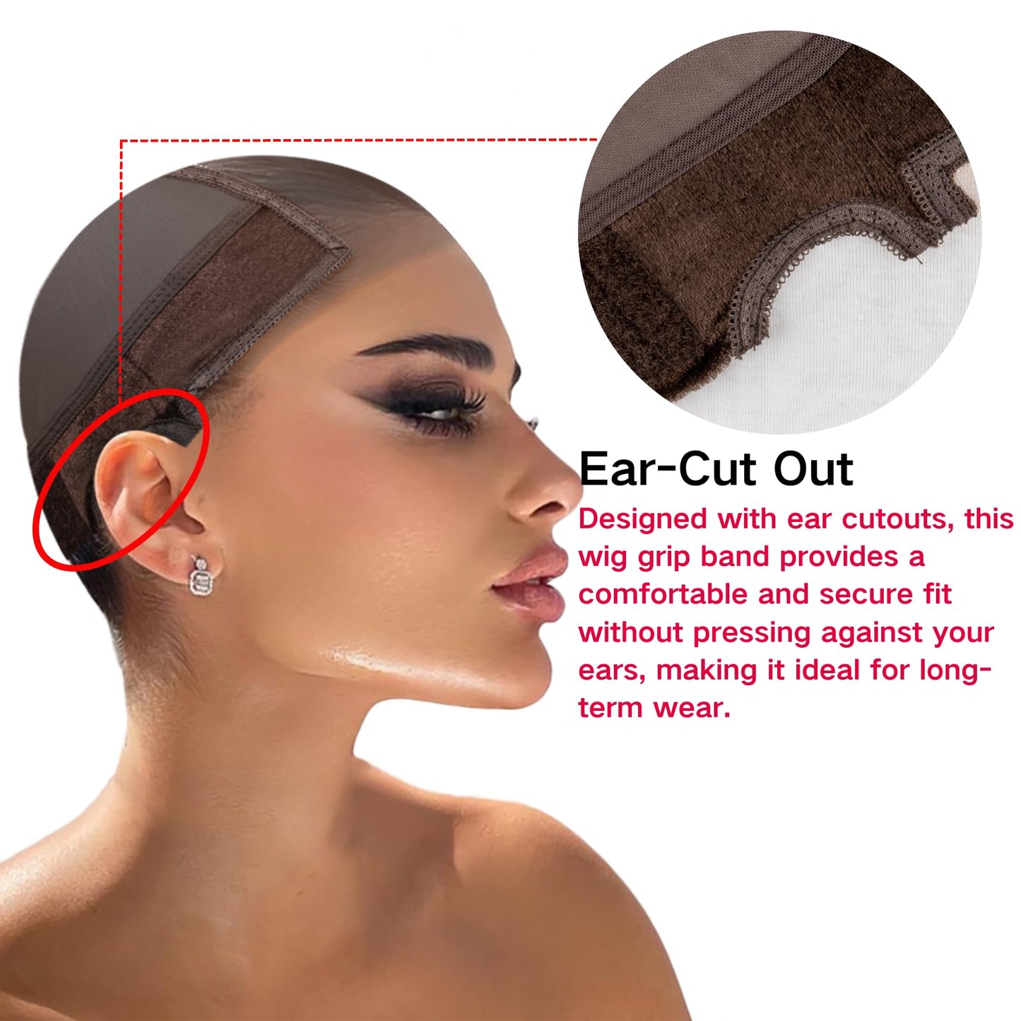 Lace Wig Grip Cap for Women - Small Size Snug Fit 4x5 Transparent Swiss Lace Non-slip Glueless Wig Gripper with Ear-Cutouts Adjustable Velcro Headband (Brown)