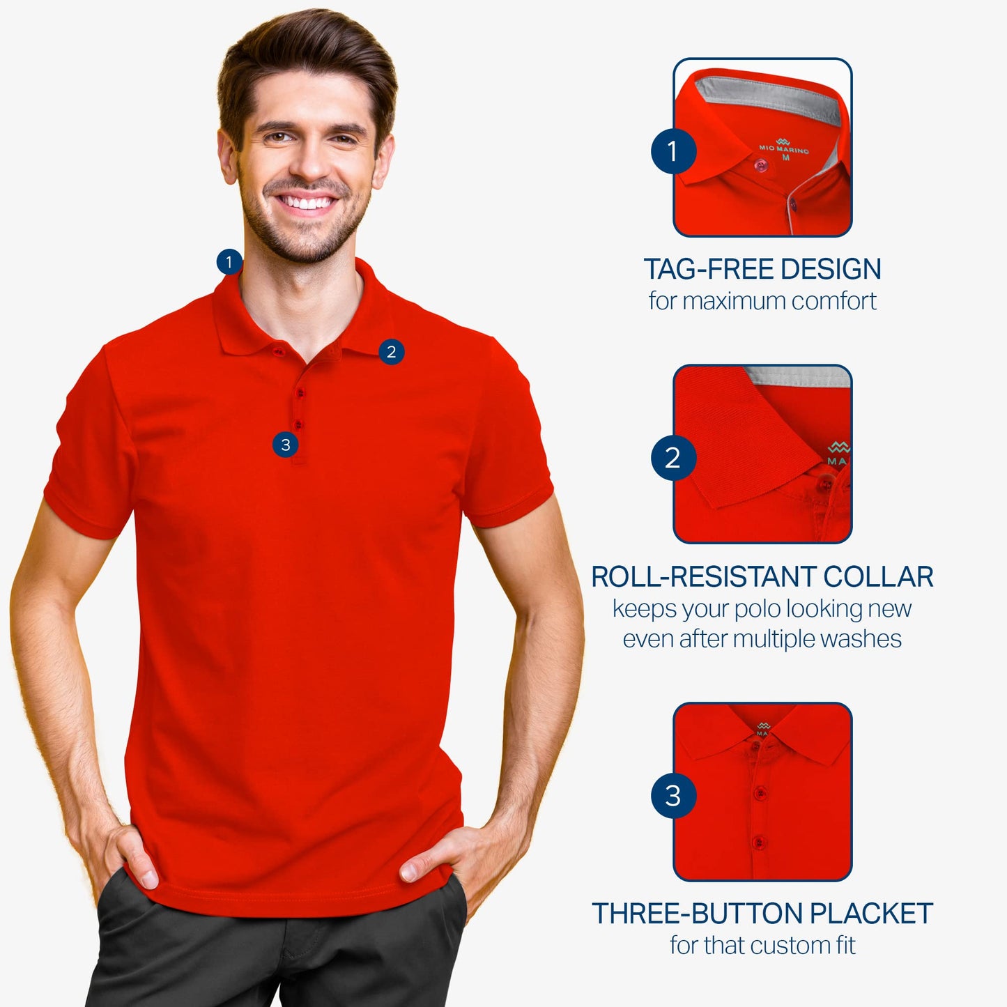 [3 Pack] Mio Marino Golf Polo Shirts for Men - Dry Fit - Ultra-Light Fabric - Khaki,Salmon Red,Red - Small