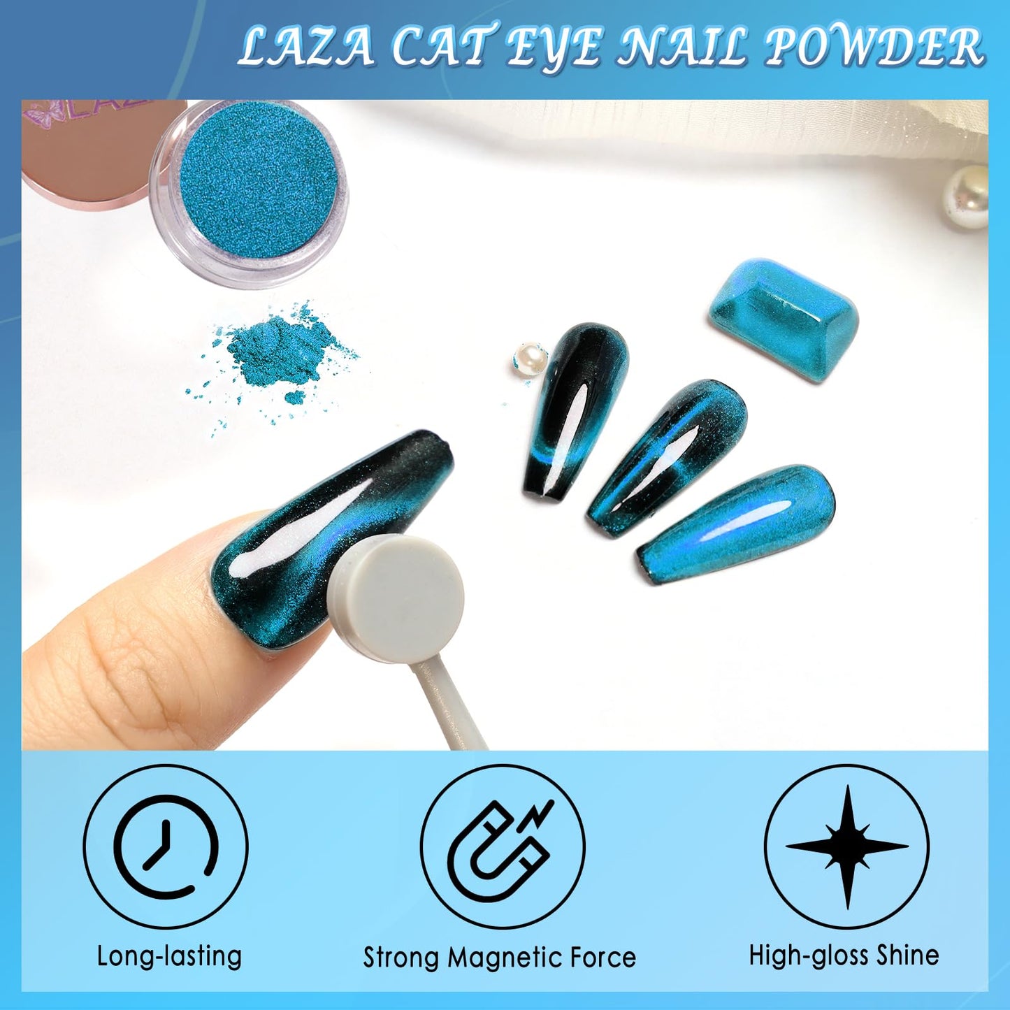 Laza Cat Eye Chrome Nail Powder - Chameleon Magnetic 9D Mirror Effect Pigment Dust - Magic Galaxy Holographic Glitter with Magnetic Stick for Velvet Nail Art - Ocean Eyes