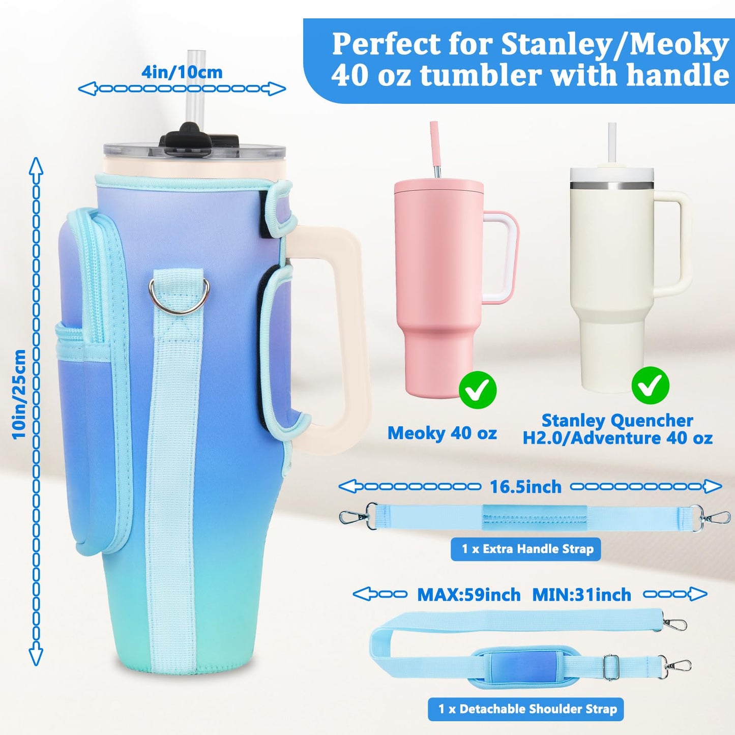 Water Bottle Carrier Bag with Phone Pocket Compatible with Stanley/Meoky 40 oz Tumbler with Handle,Neoprene Water Bottle Holder Pouch with Adjustable Strap Compatible with Stanley Cup Accessories