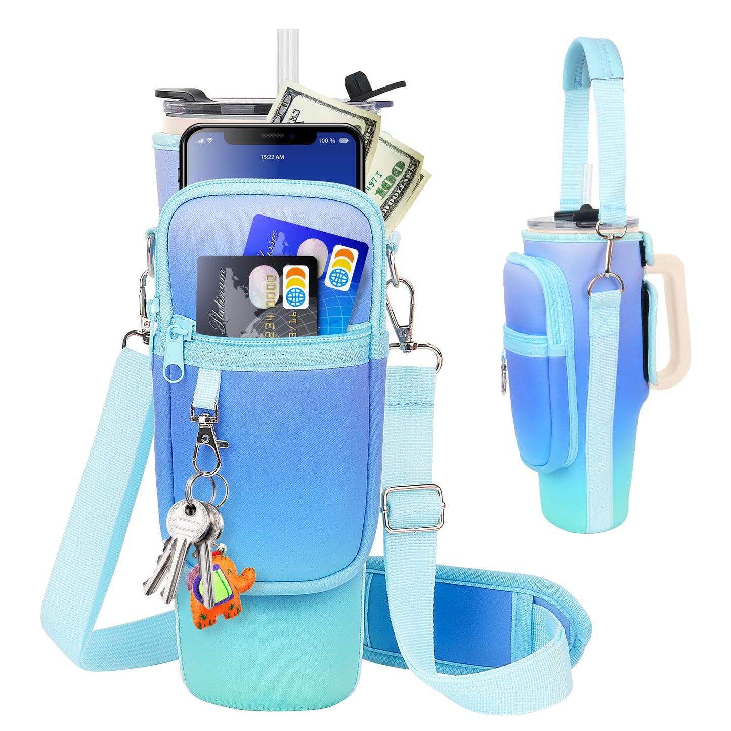 Water Bottle Carrier Bag with Phone Pocket Compatible with Stanley/Meoky 40 oz Tumbler with Handle,Neoprene Water Bottle Holder Pouch with Adjustable Strap Compatible with Stanley Cup Accessories