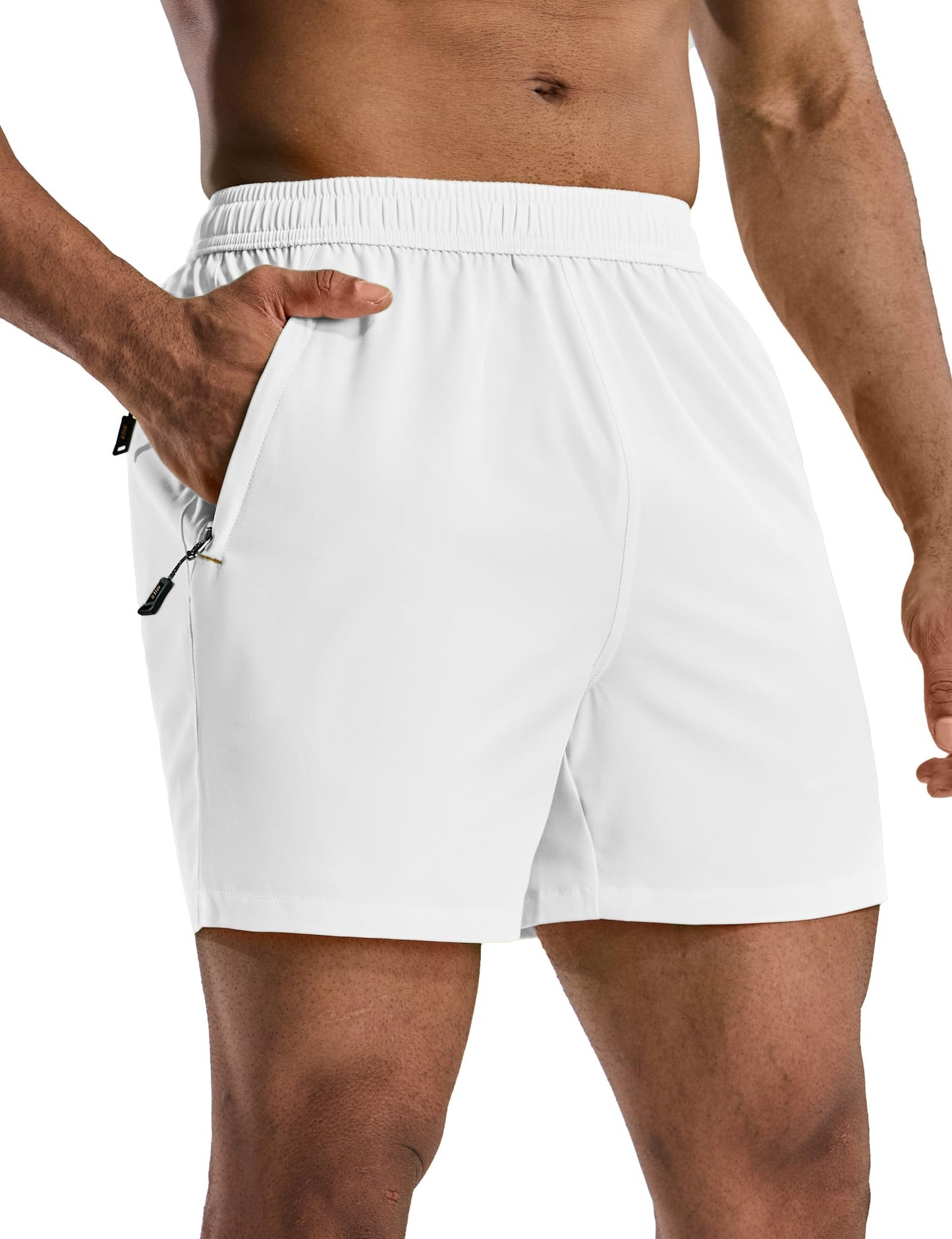 MIER White Athletic Shorts for Men 5 Inch Inseam Quick Dry Lightweight Running Gym Workout Shorts, Zipper Pockets, M