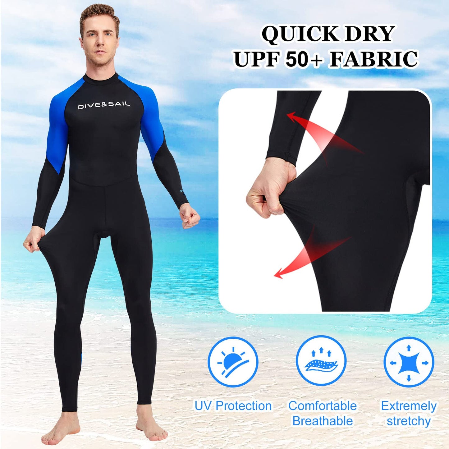 Men's Full Body Snorkeling Wetsuit Breathable Nylon UPF 50+ Rash Guard One Piece Swimsuit Long Sleeve Dive Skin Quick Dry Diving Surfing Suit Sporty Water Suit for Adult
