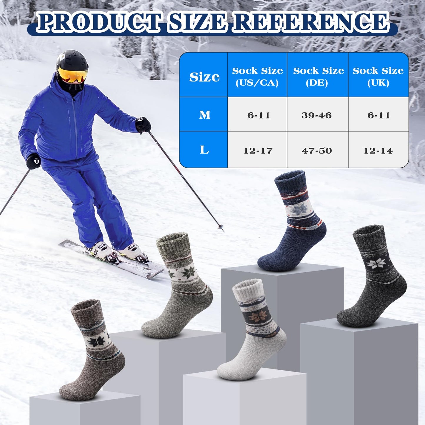Yeblues Winter Warm Thick Wool Socks for men, Thermal Wool Hiking Socks, Breathable Cozy Crew Socks for Men Cold Weather 5 Pairs(size 12-17)