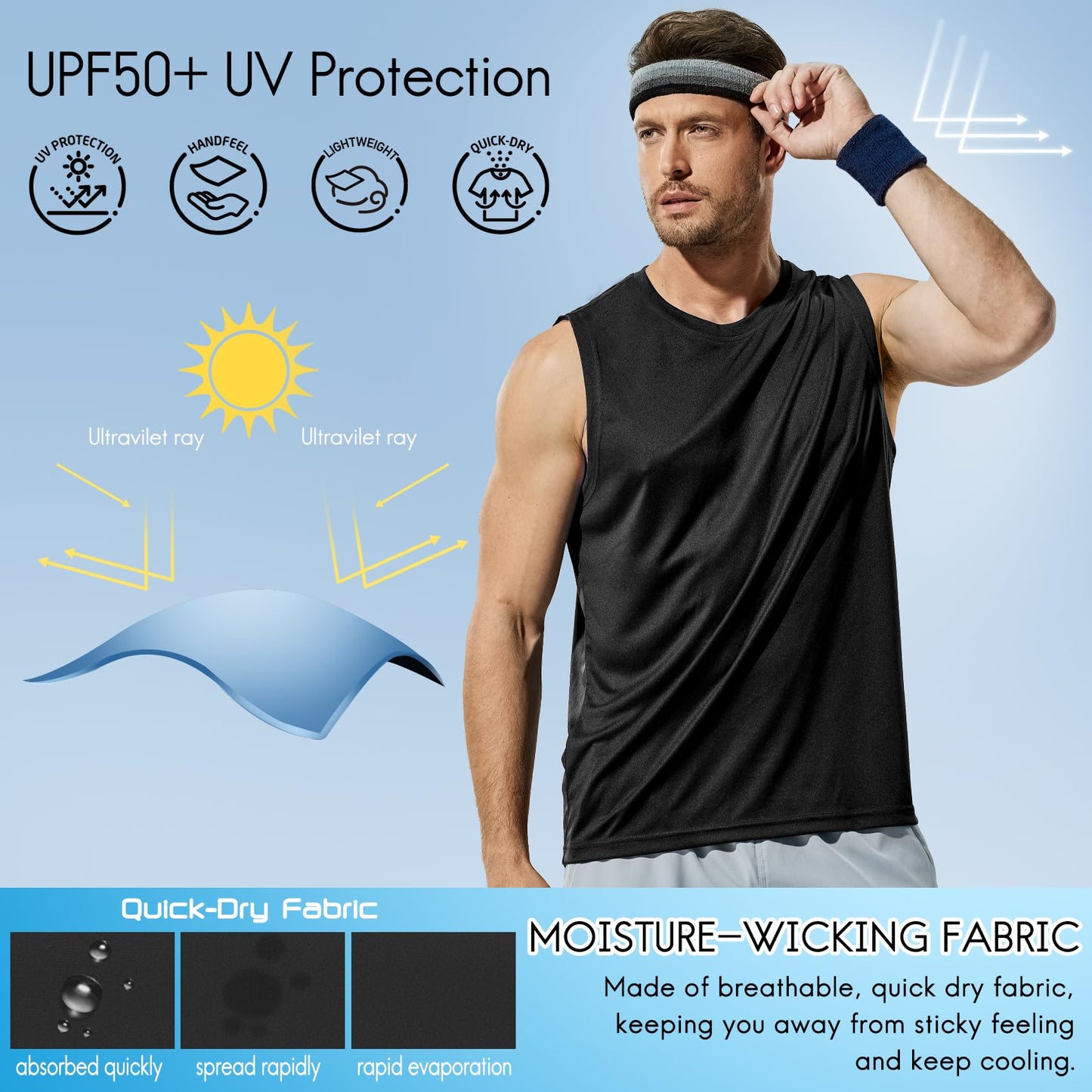 Haimont Men's Lightweight UPF 50+ Sleeveless Sun Shirts Quick Dry Hiking Running Swim Tank Tops Workout Tees,White/Black/Grey, XXXL