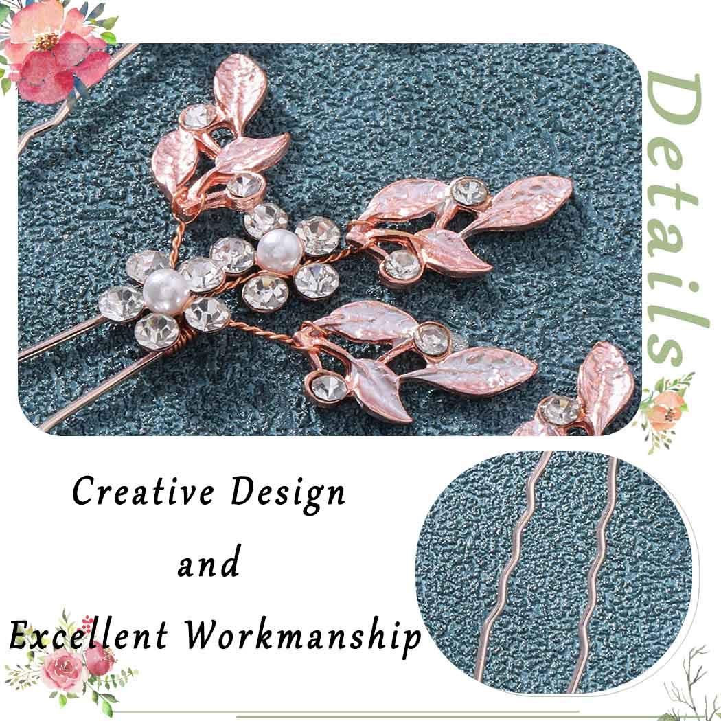 Heread Leaf Bride Wedding Hair Pins Crystal Bridal Head Dress Pearl Hair Accessories for Women and Girls (Pack of 3) (A Rose Gold)